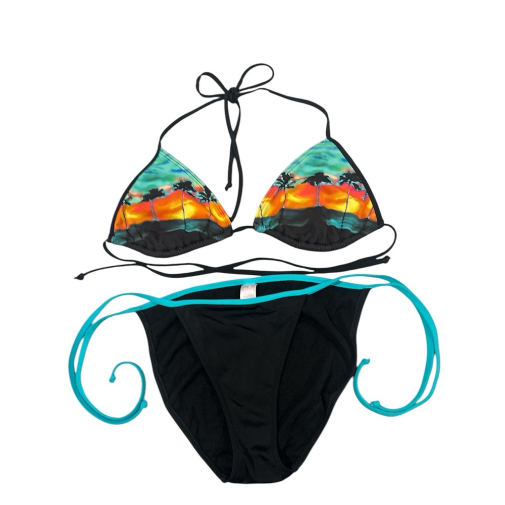 Vintage Victoria’s Secret Tropical Teal Sunset Print Bikini Medium ~Y2K~